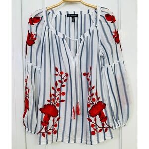 INC Bohemian Peasant Blouse White Striped Floral Embroidered Cottagecore / SZ S